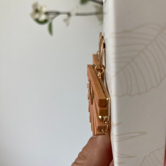 Pink Linen Boho Lightweight Wooden Half Circle Earrings NEW - Picture 5 of 6